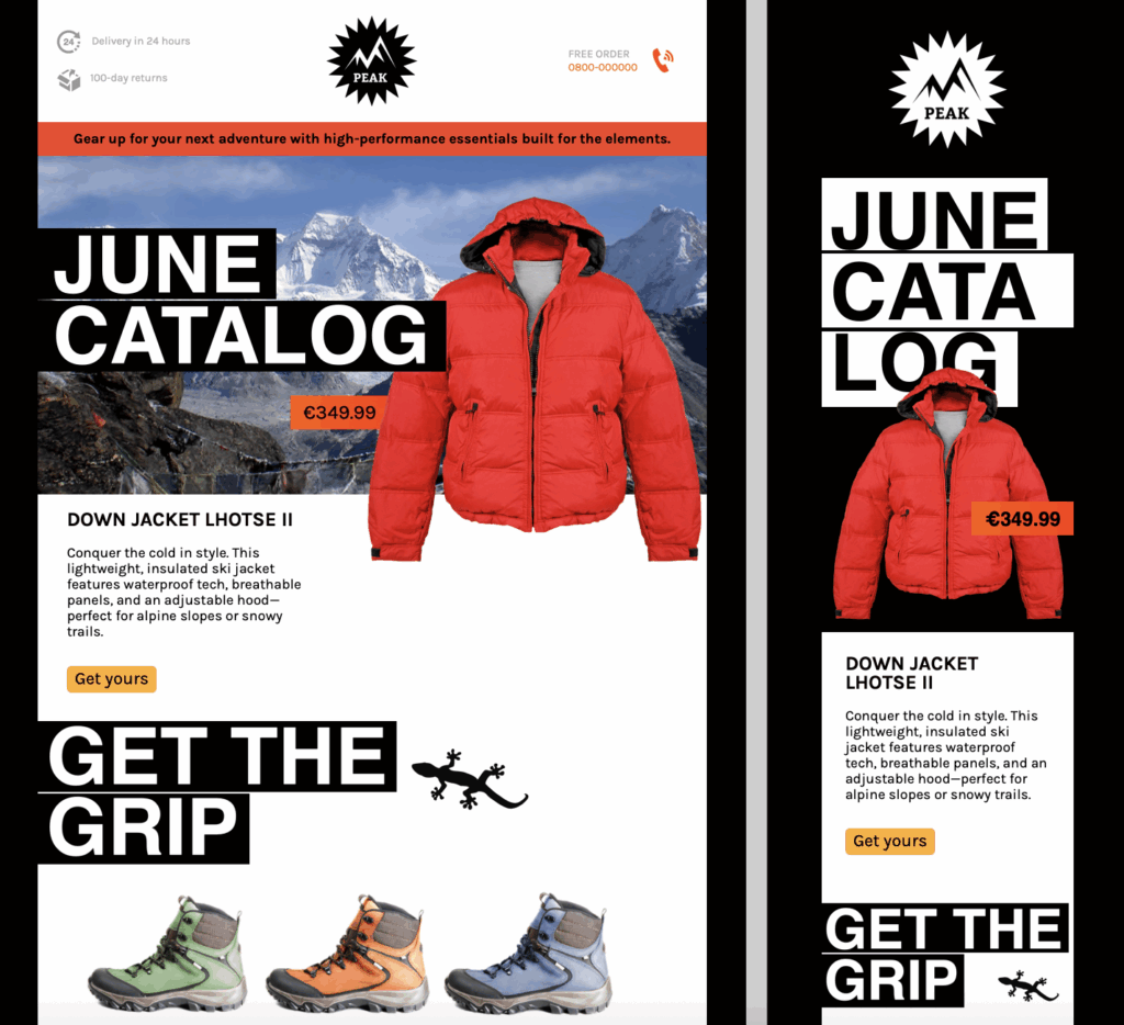 newsletter ideas for small business: sales email template featuring outdoor gear – ski jacket, hiking boots, and tent products displayed in a clean layout with catalog theme.