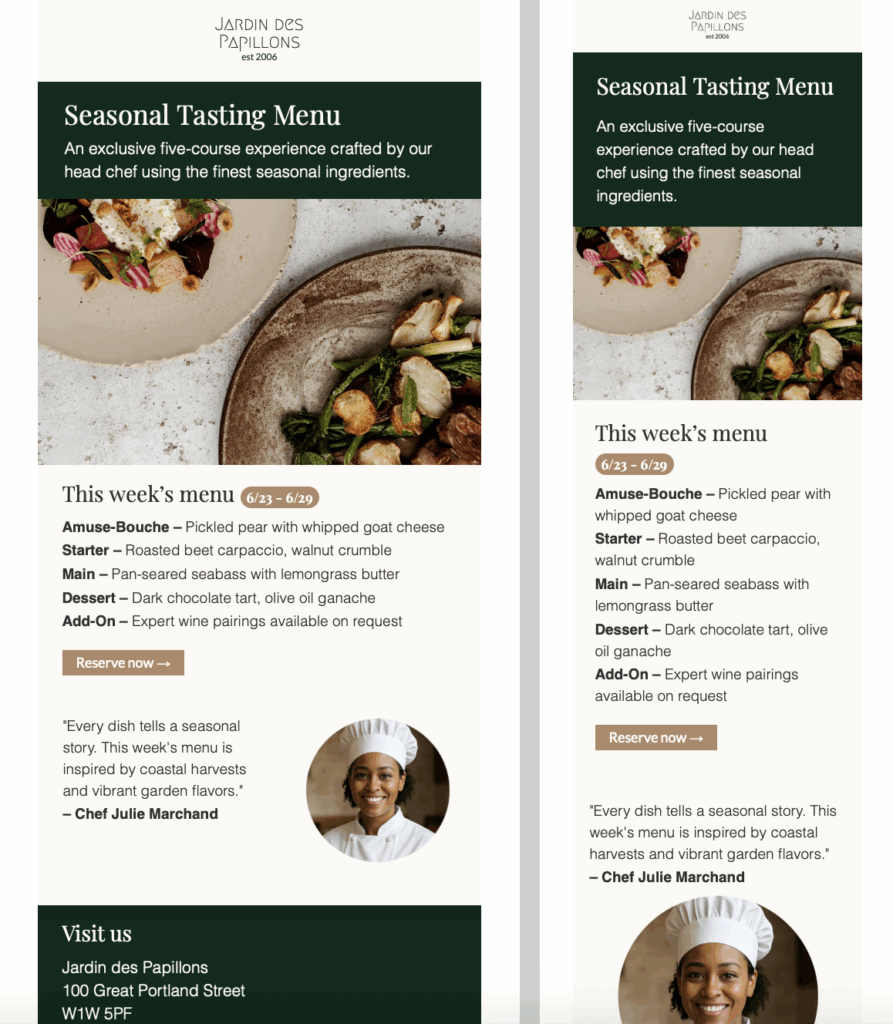 Email template for seasonal tasting menu at fine dining restaurant – chef-curated dishes, elegant design
