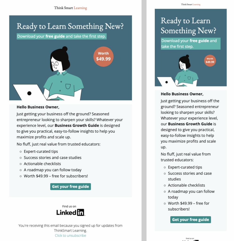 newsletter ideas for small business: Lead magnet email template for online learning, with bold call-to-action to download a free educational guide