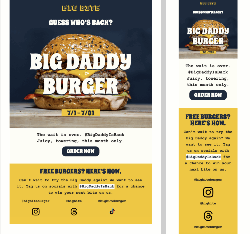 Restaurant Promotion Email template for limited-time burger promotion – features Big Daddy Burger with double patties, cheddar, bacon, and brioche bun, headline 'Guess Who’s Back' and order button.