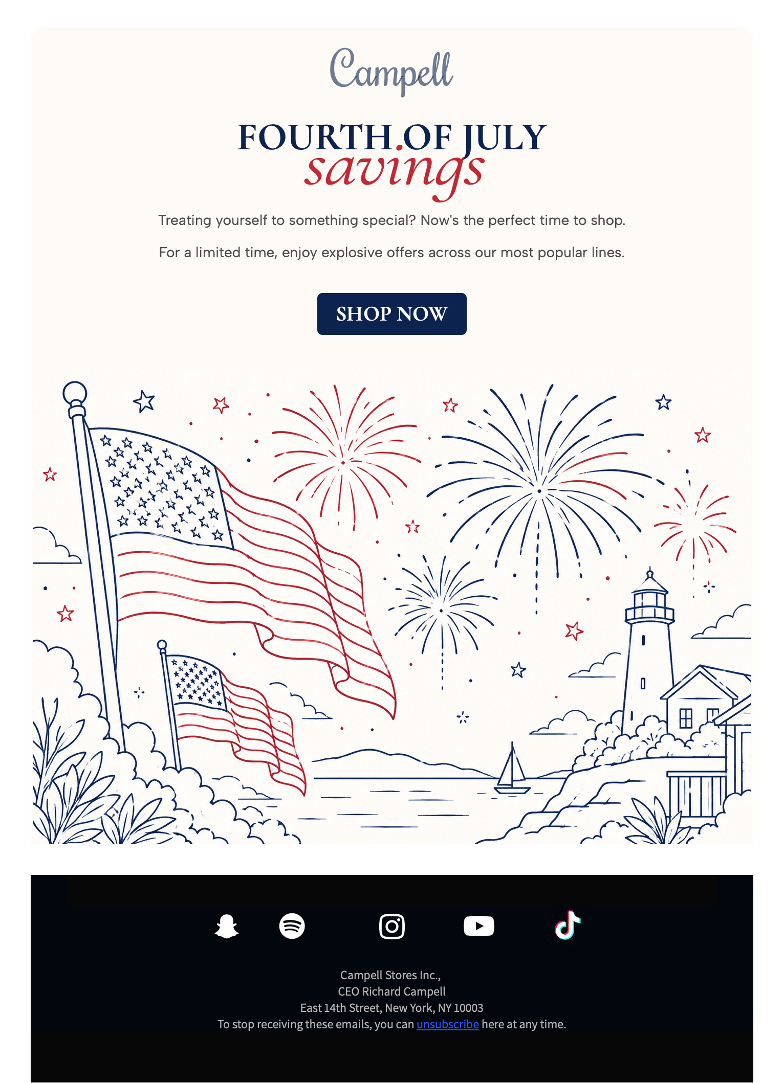 4th July email template idea for a simple savings announcement