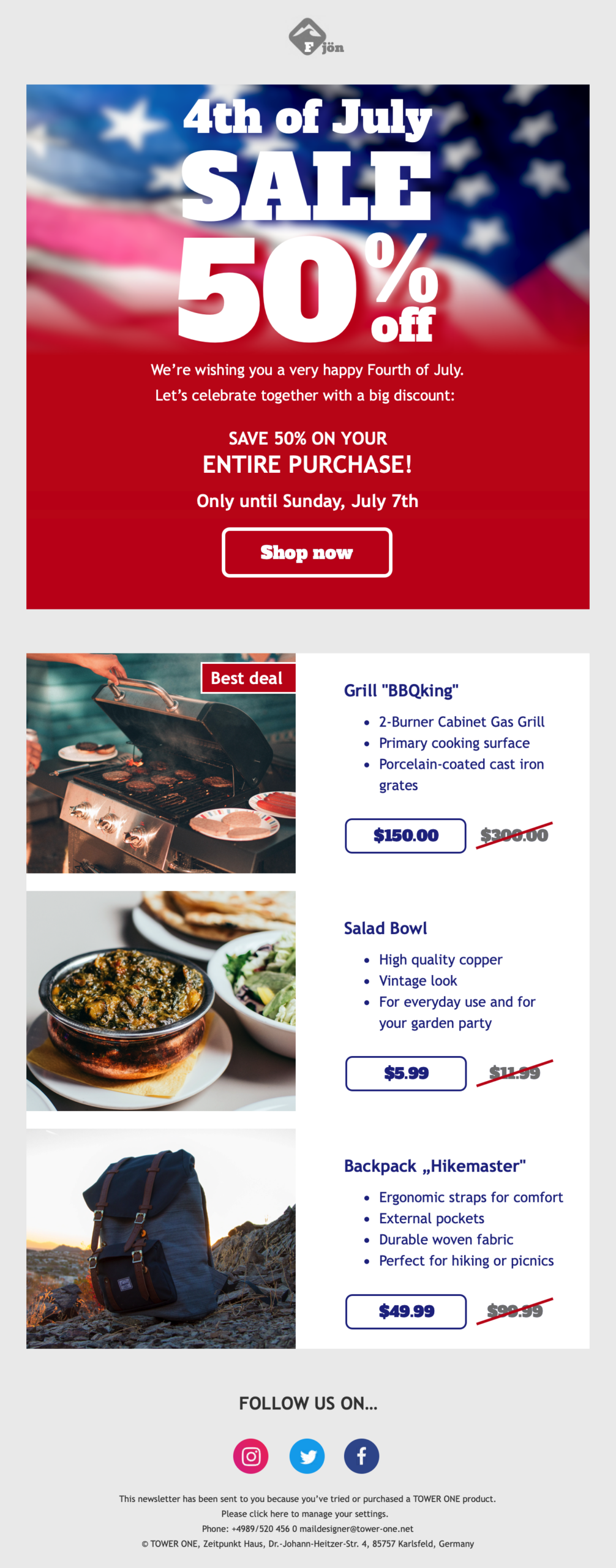 4th July email template idea for a direct discount campaign