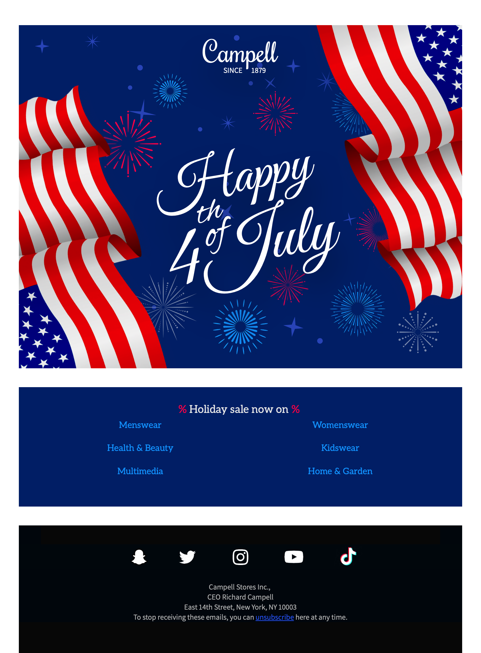 4th July email template idea for a festive holiday greeting