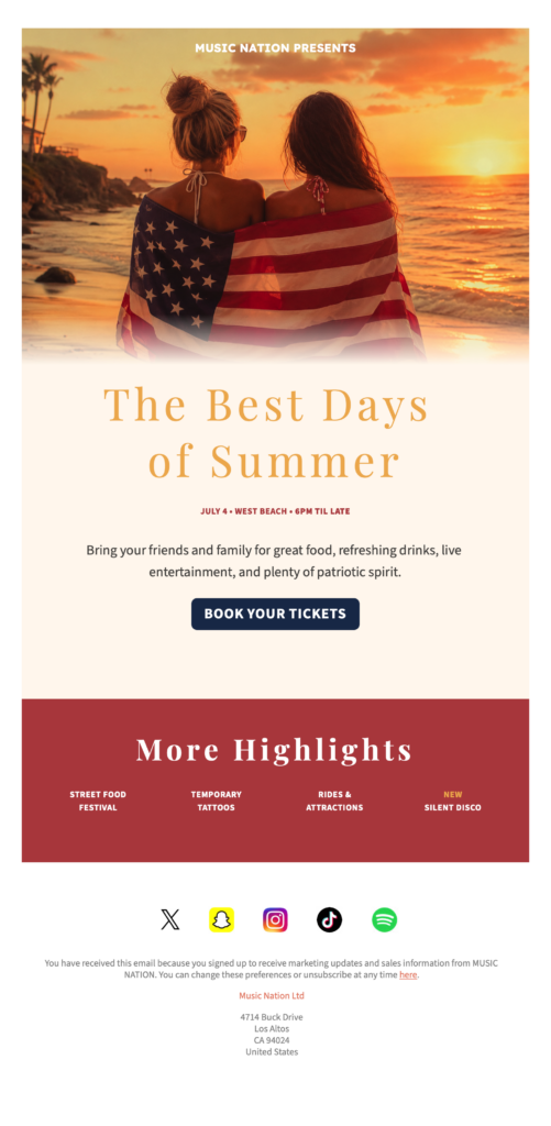 4th July event email template for a beach party with live music, food, and ticket booking CTA