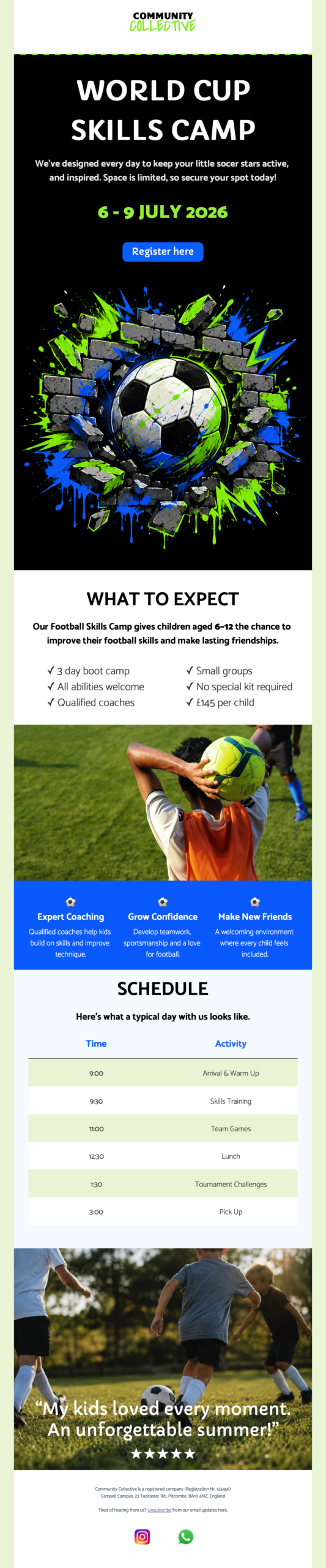 World Cup email campaign ideas shown in a Mail Designer football skills camp template