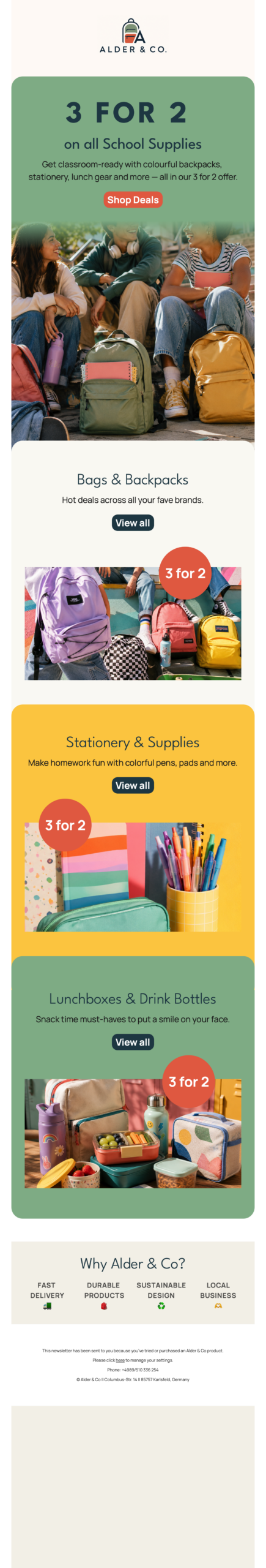 Back to School Deal email template with a 3-for-2 school supplies promotion