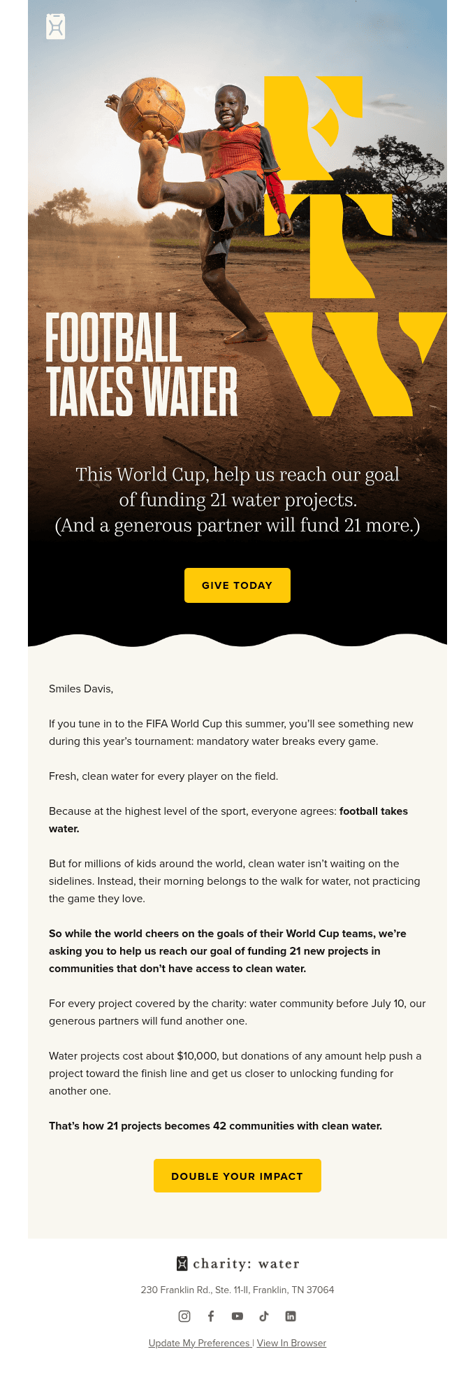 World Cup email campaign ideas shown in a nonprofit football donation email
