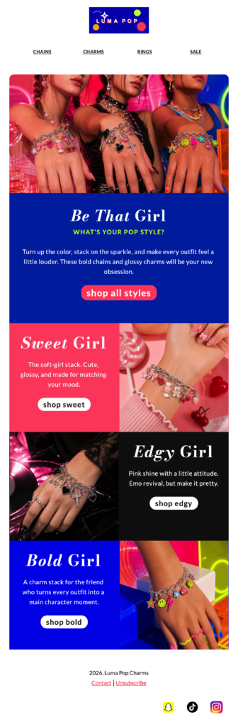 jewelry brand email template with colorful charm photography, sweet edgy bold style sections, and shop buttons