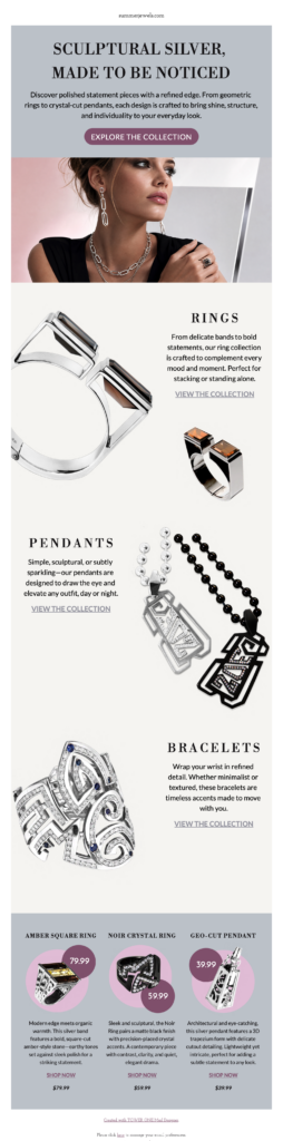 jewelry catalog email template with sculptural silver hero, rings pendants bracelets sections, and priced product cards