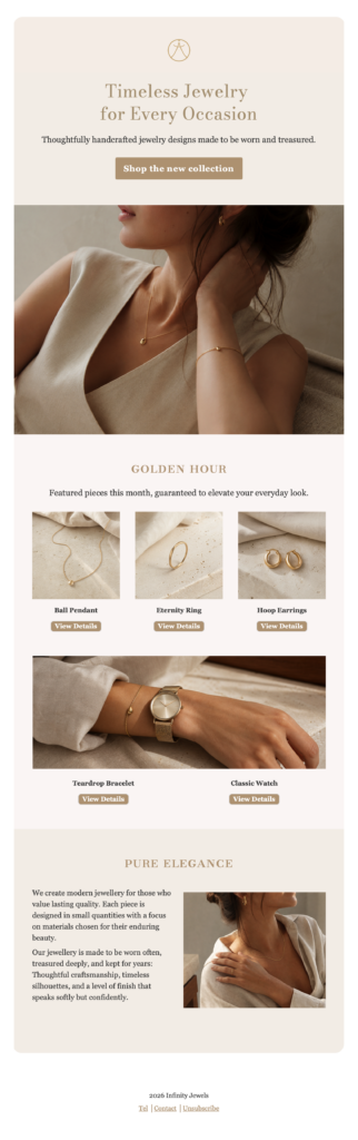 jewelry collection email template with luxury product photography, golden hour product cards, and shop buttons