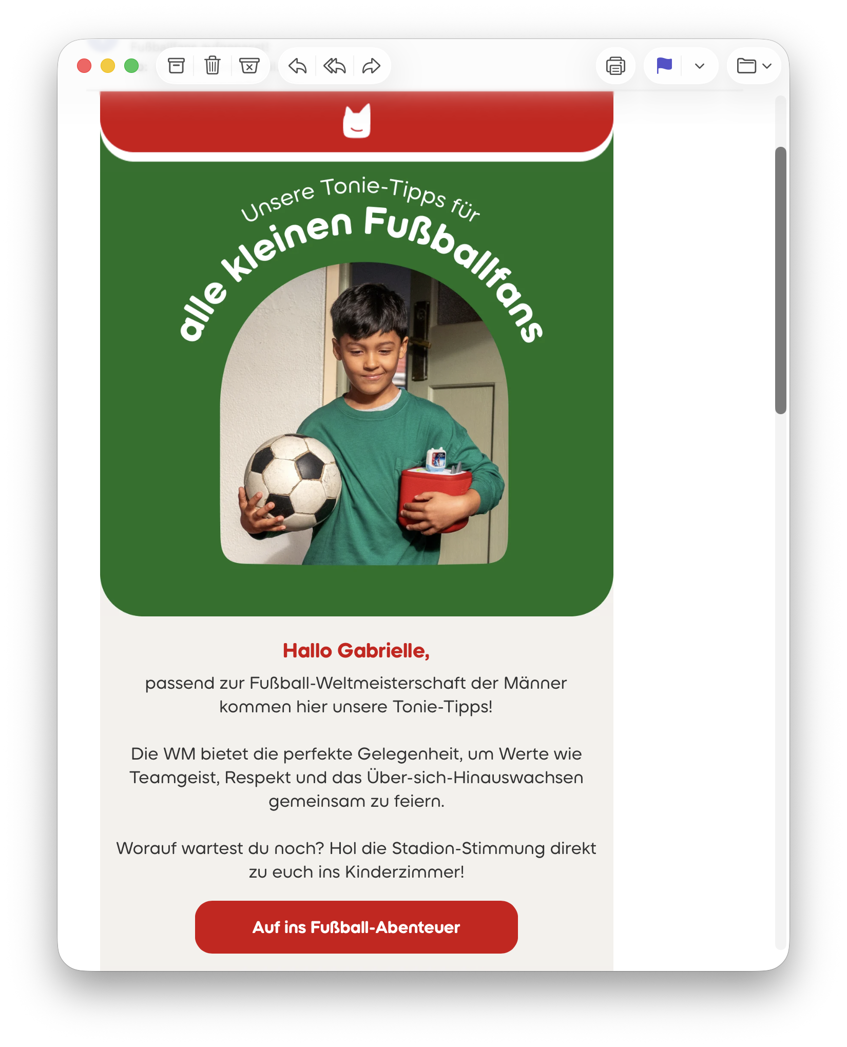 World Cup email campaign ideas shown in a German family football fan email