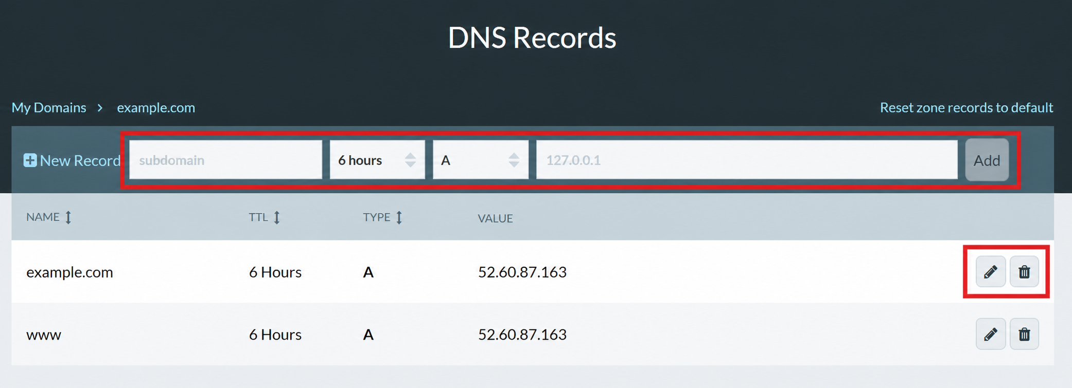 101domain DNS Records form with subdomain TTL type value and Add fields for a DKIM setup