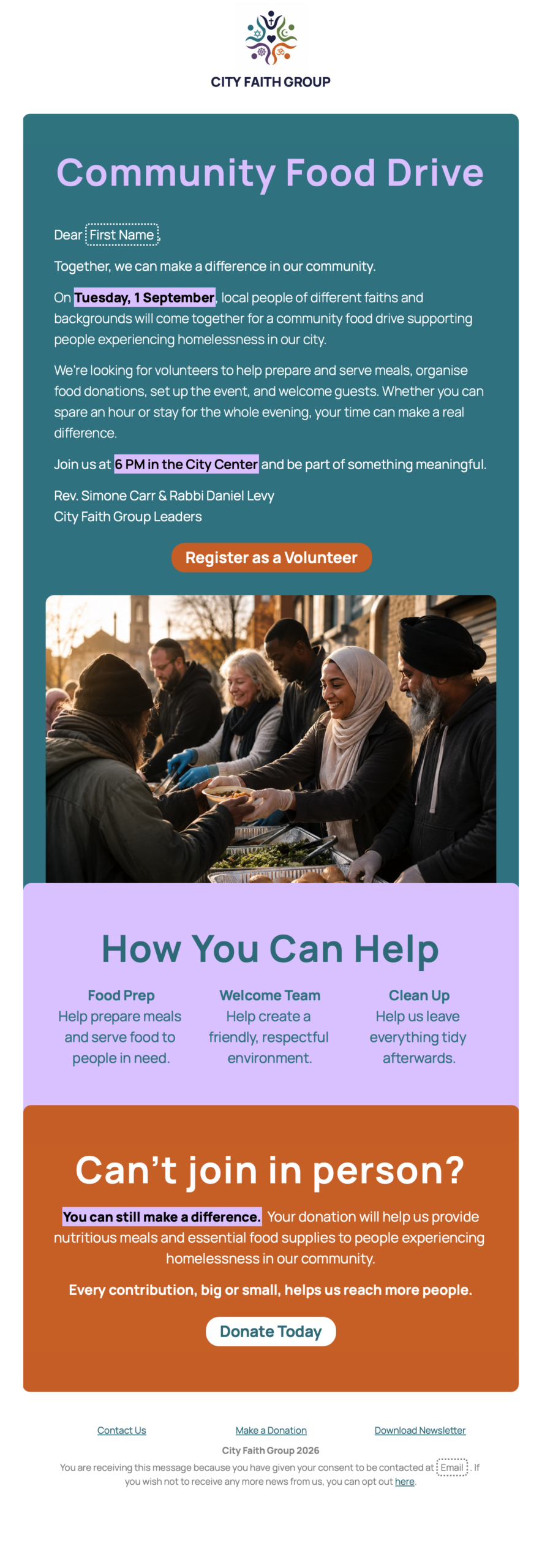 Event invitation email template for community events with food drive details and volunteer registration