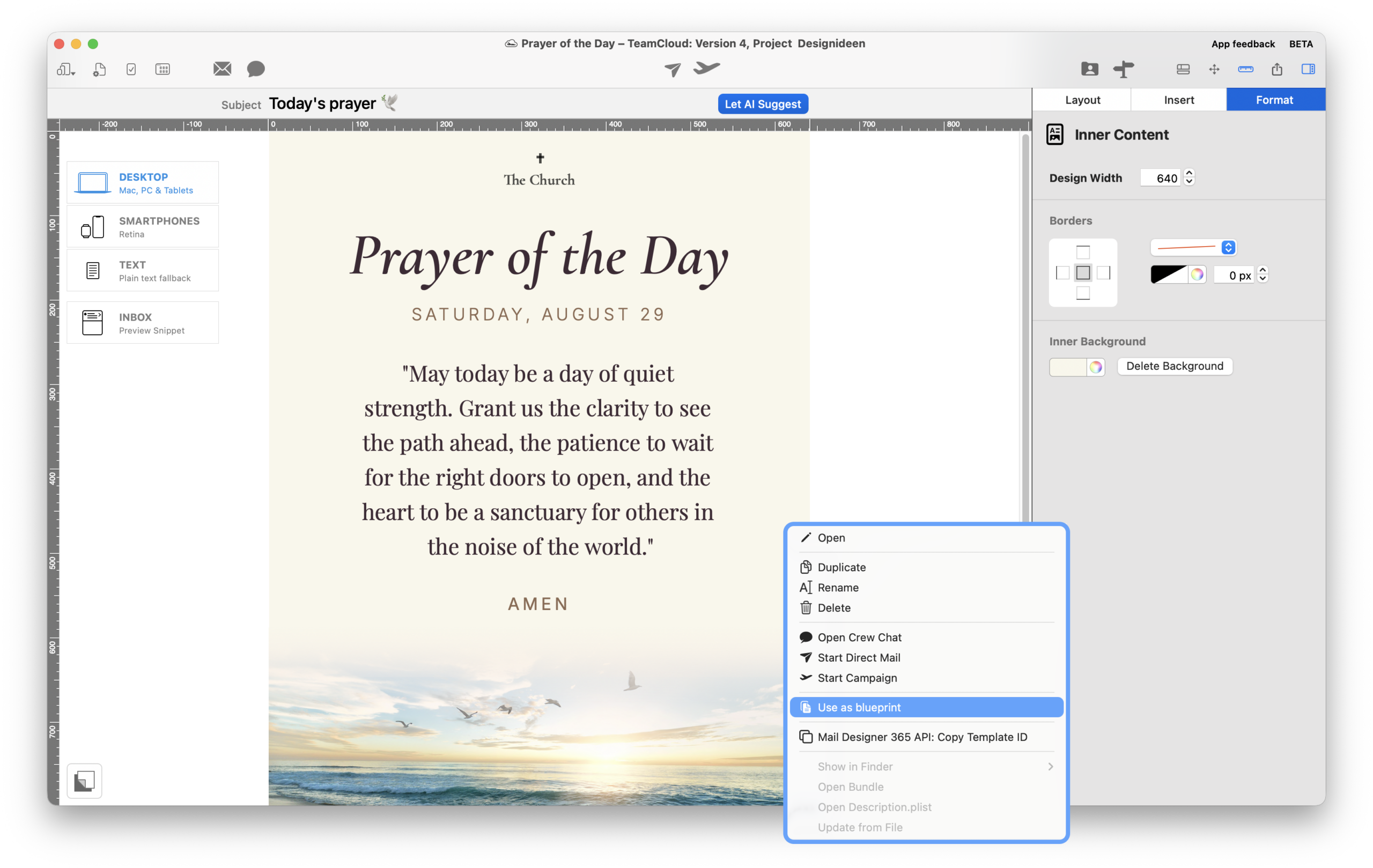 create blueprints for recurring emails for churches or religious groups