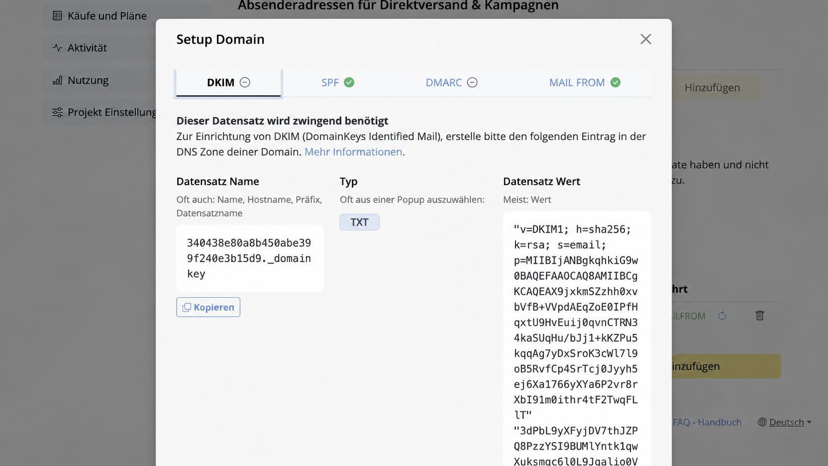 Mail Designer 365 Dialog zum 101domain DKIM Einrichten mit Datensatzname TXT-Typ Wert und Kopieren-Schaltflächen