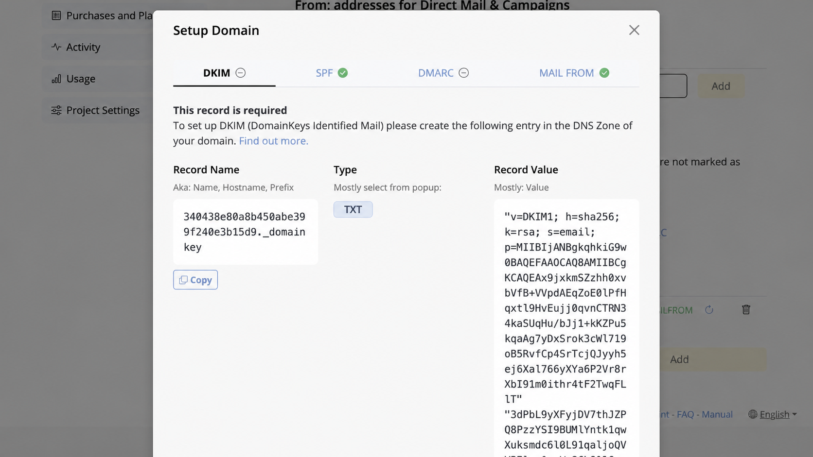 Current English Mail Designer 365 DKIM dialog showing record name TXT type value and copy buttons