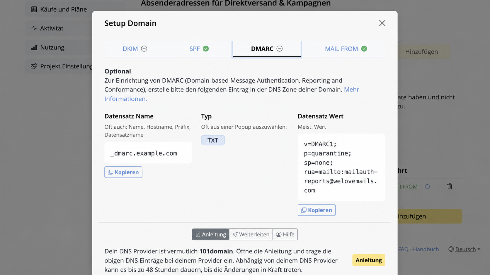 Deutscher Mail Designer 365 DMARC-Dialog mit TXT-Datensatzname Richtlinie und Kopieren-Schaltflächen