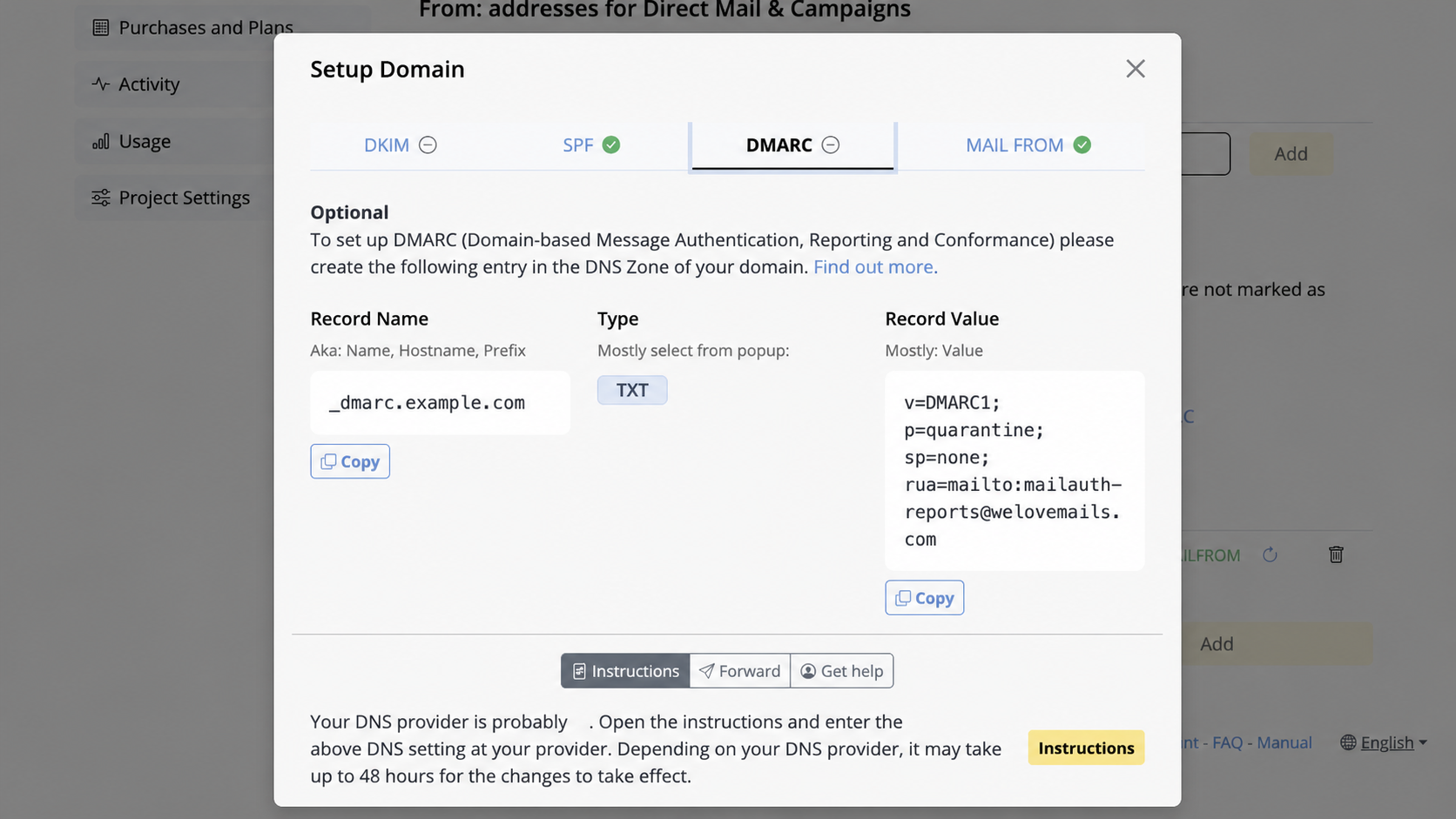 Current English Mail Designer 365 DMARC dialog showing TXT record name policy value and copy buttons