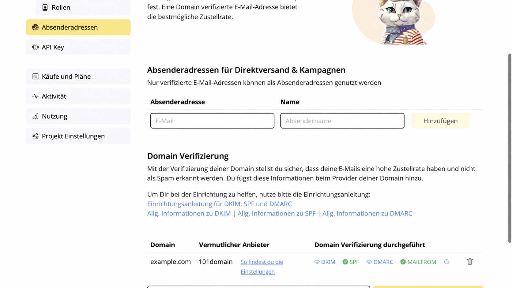 Deutsches Formular für eine Absenderadresse und die Domain-Verifizierung bei 101domain