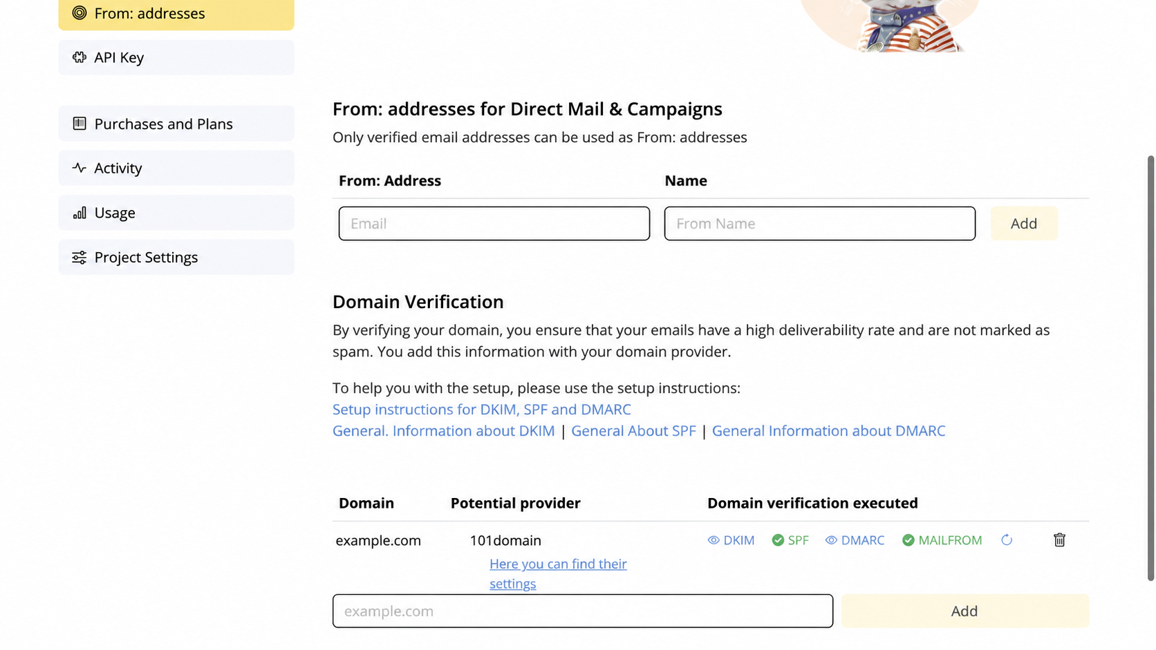 English Mail Designer 365 Domain Verification row for an example.com 101domain DKIM setup