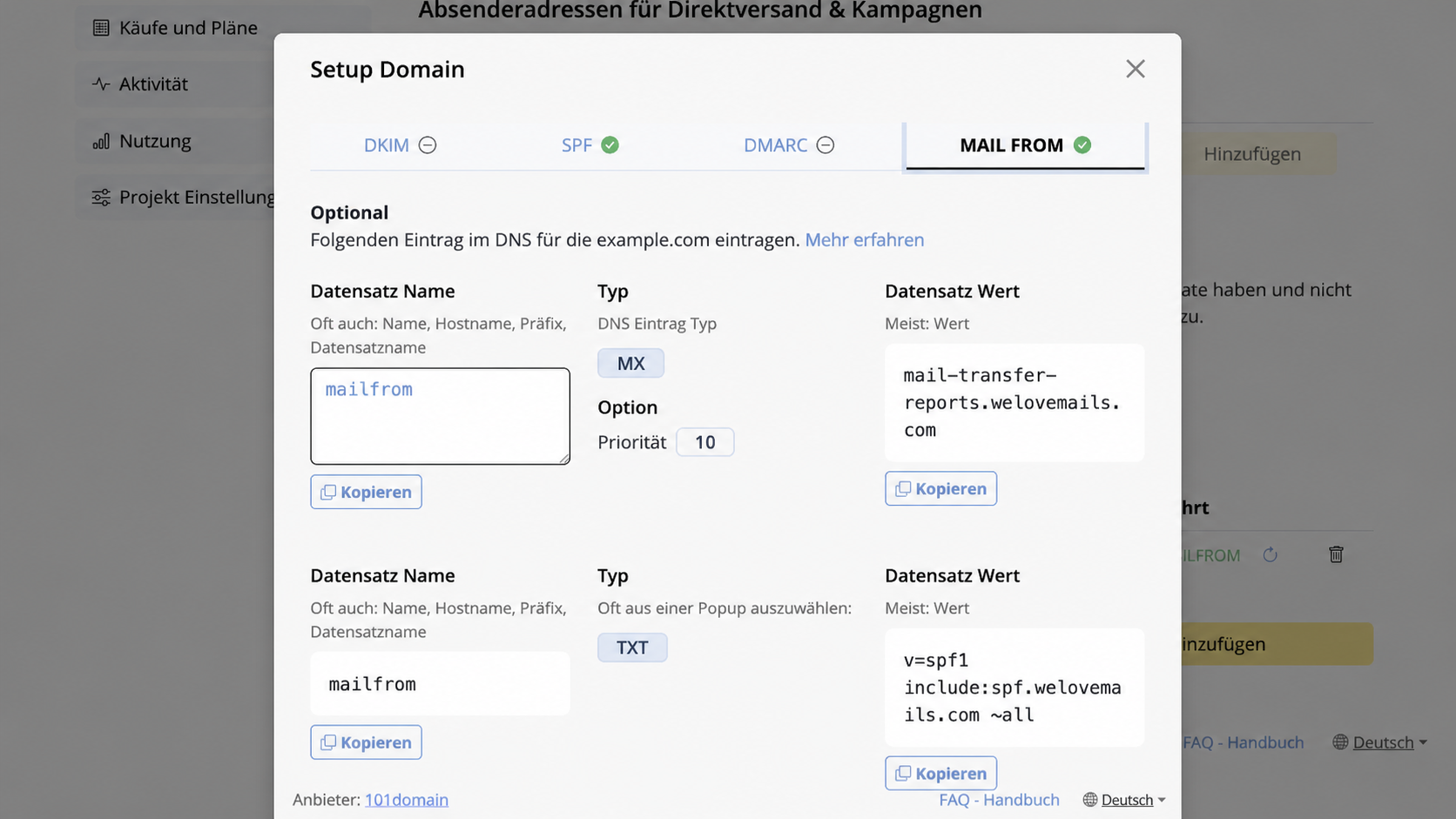 Deutscher Mail Designer 365 MAIL-FROM-Dialog mit MX-Priorität TXT-Eintrag und Kopieren-Schaltflächen