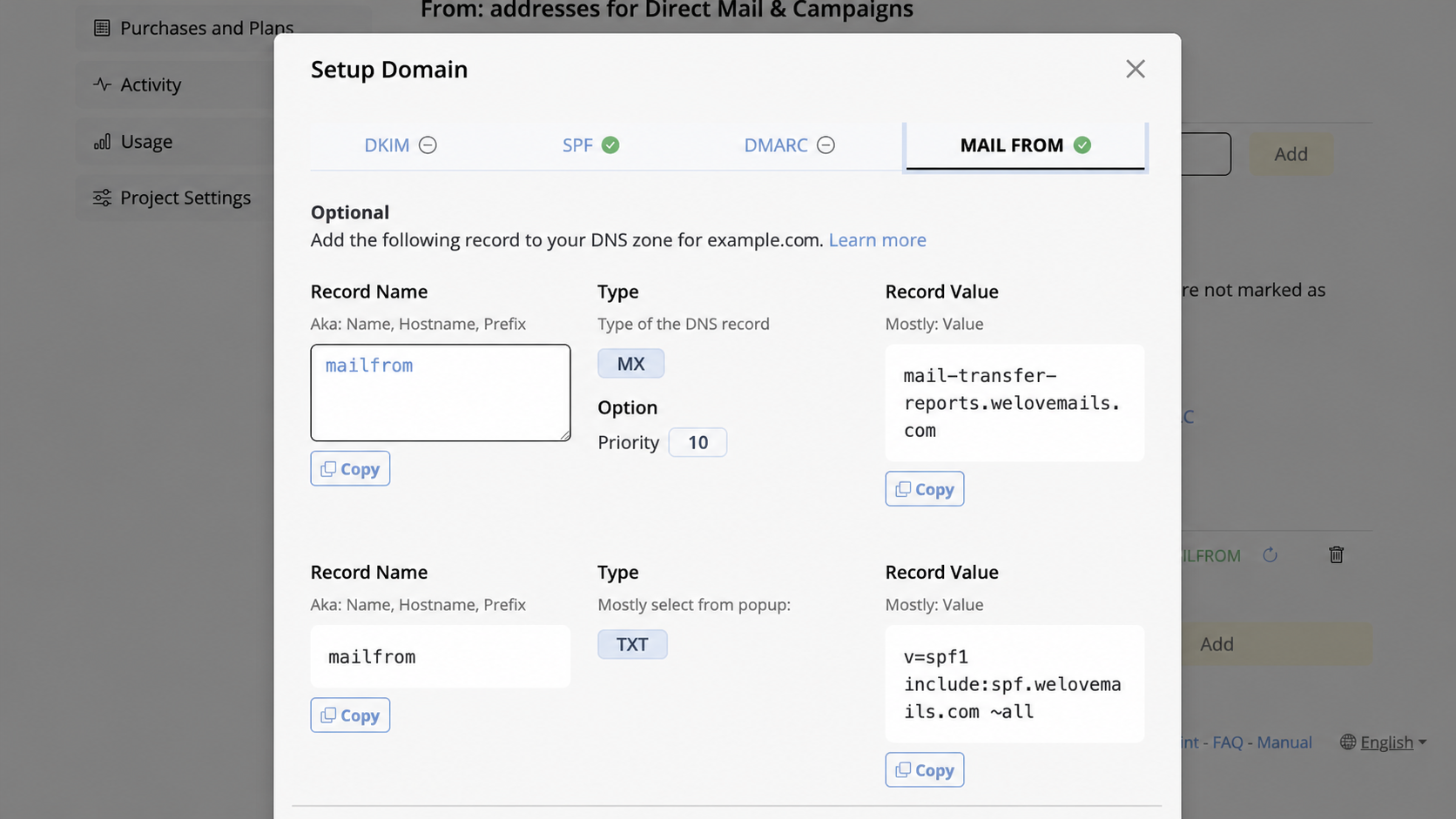 Current English Mail Designer 365 MAIL FROM dialog showing MX priority TXT record and copy buttons