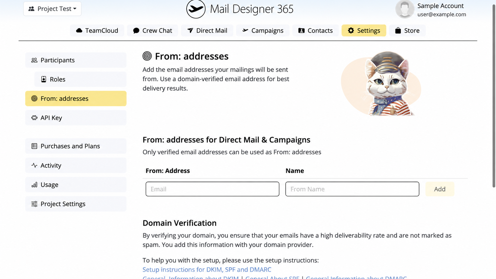 Current English Mail Designer 365 sender address form before a 101domain domain verification setup