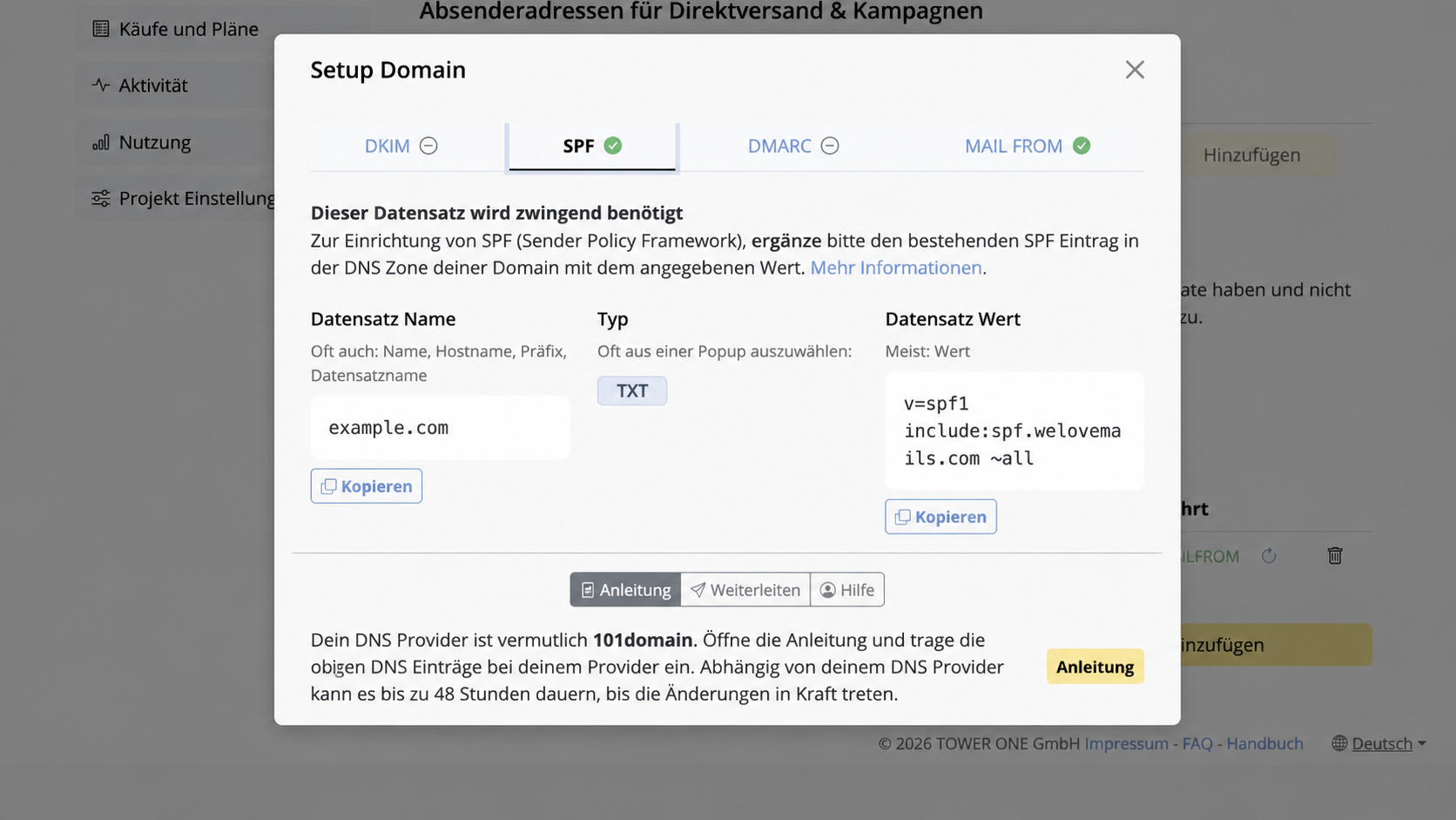 Deutscher Mail Designer 365 SPF-Dialog mit TXT-Datensatzname Wert und Kopieren-Schaltflächen