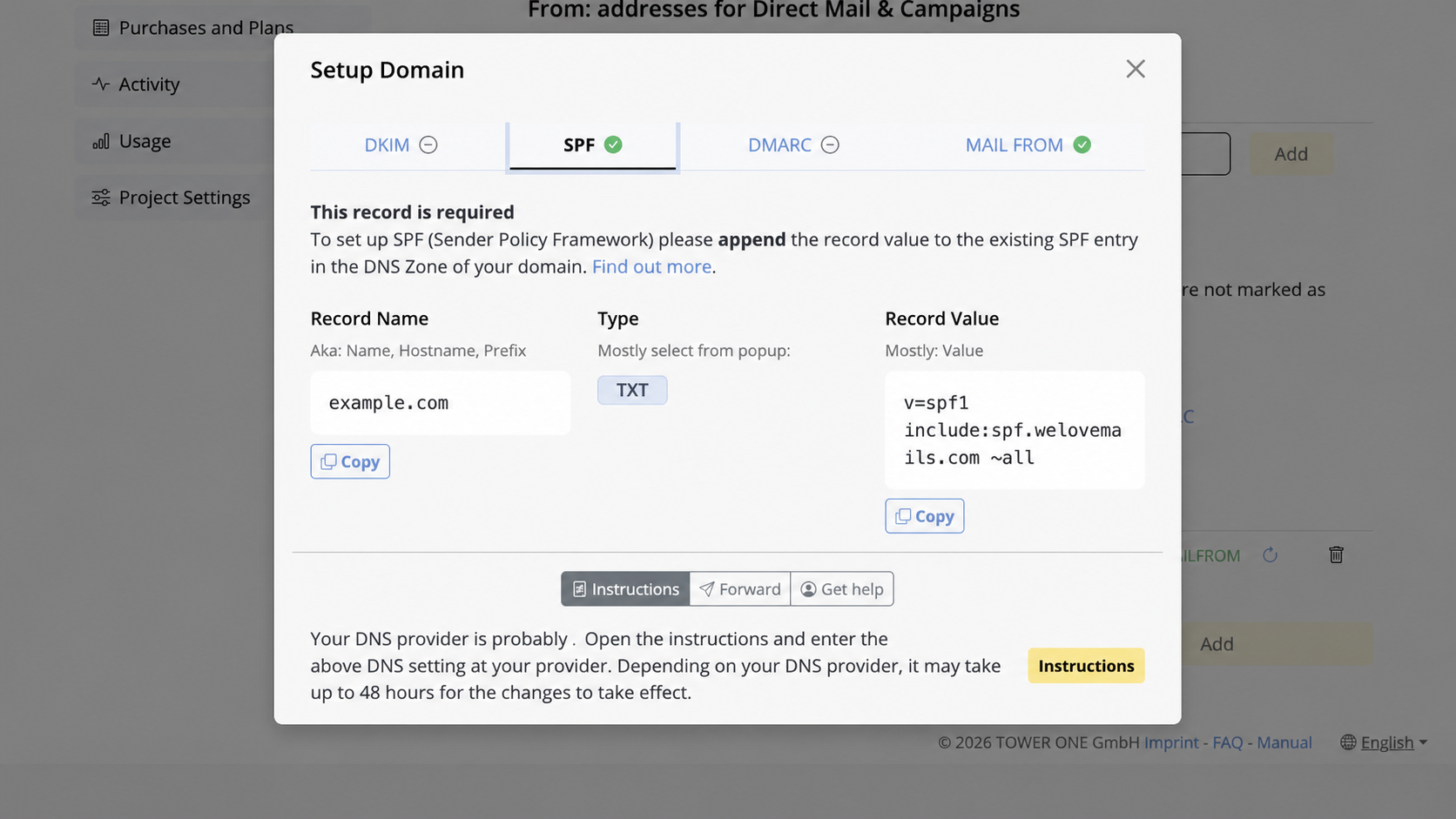 Current English Mail Designer 365 SPF dialog showing TXT record name value and copy buttons