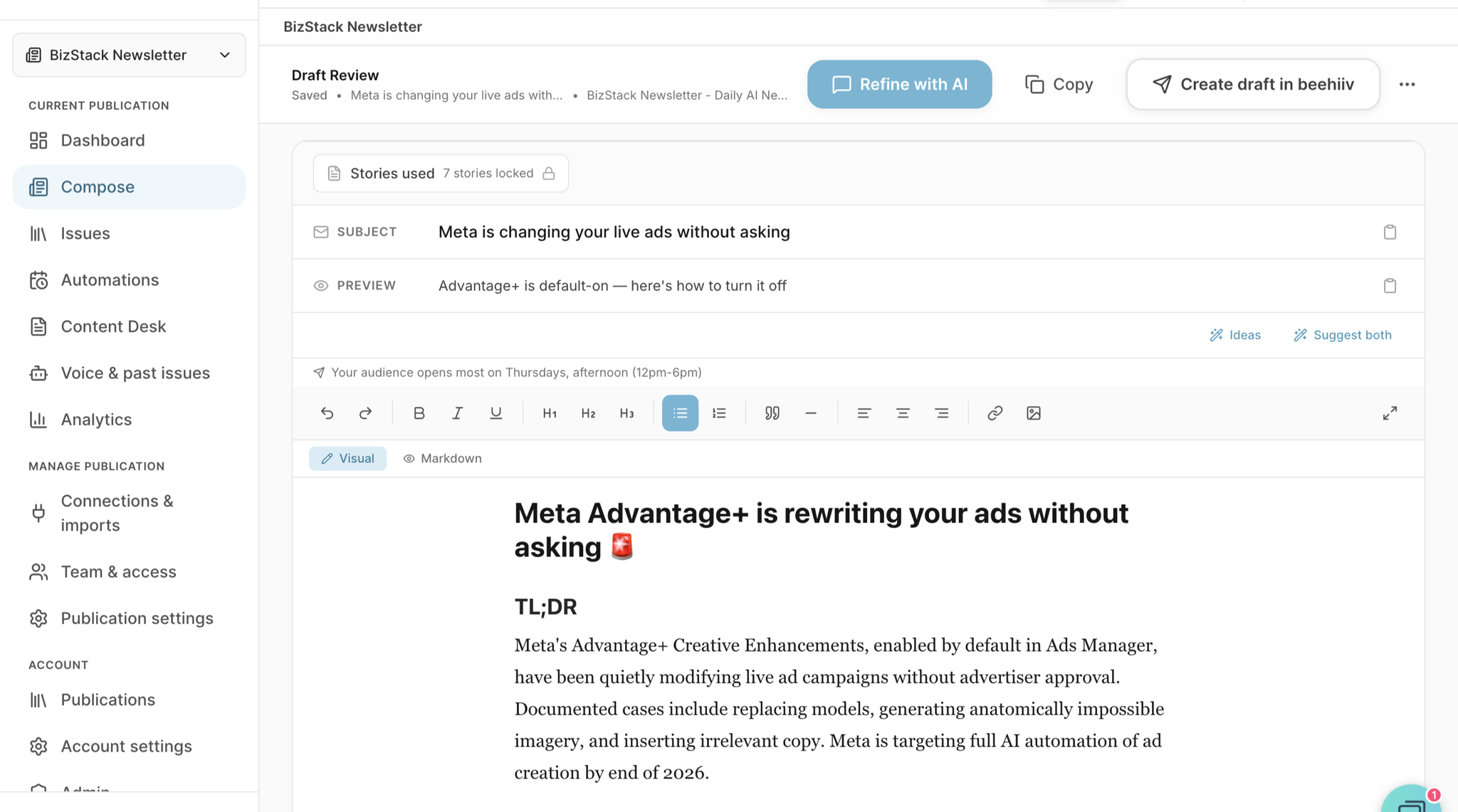 HeyNews AI newsletter drafting workspace with curated stories, subject line, preview text and an editable draft