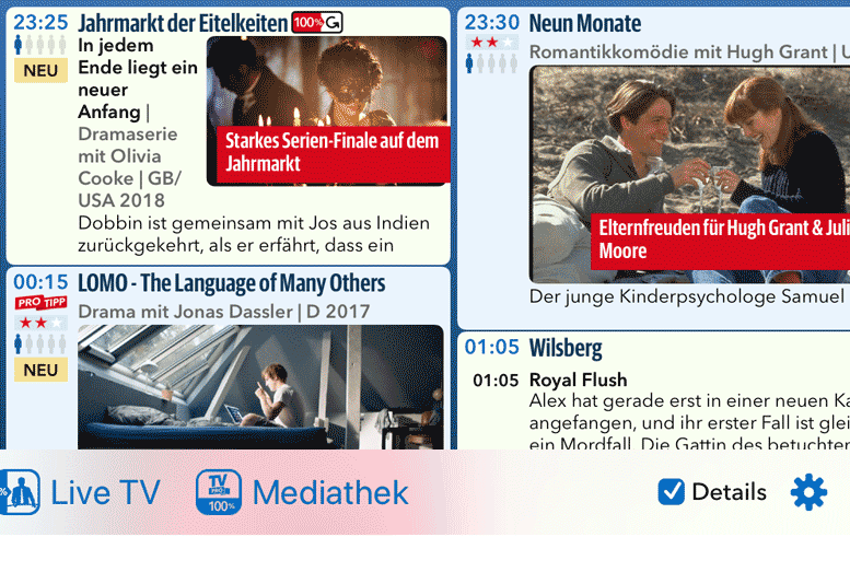 TV Pro Details ein- und ausblenden: Programmübersicht mit reduzierten Infos oder voller Detailansicht im Überblick Pro