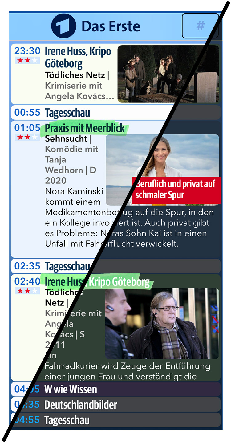 TV Pro Dark Mode und Hellmodus im Vergleich – Programmübersicht im hellen und dunklen Design auf iPhone
