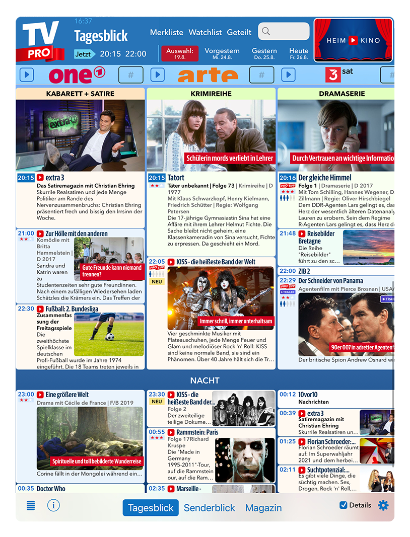 TV Pro TV Programm Tagesblick Übersicht. Zeigt das aktuelle ZV Programm im klassischen TV Heft Übersichts style.