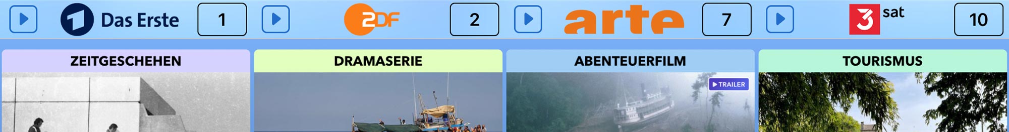 TV Pro Sendernummern anzeigen: Beispiel mit ZDF auf Programmplatz 2 und ARTE mit eingeblendeter Kanalnummer