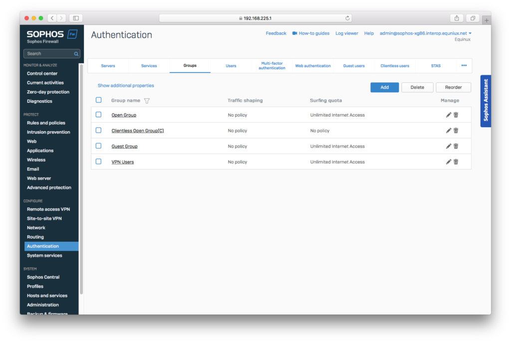 A screenshot of the Sophos XGS Firewall web interface, showing the "Authentication" section with the "Groups" tab selected. Visible groups include "Open Group," "Clientless Open Group(C)," "Guest Group," and "VPN Users," each displaying policies for traffic shaping and surfing quota for the Sophos XGS Firewall.