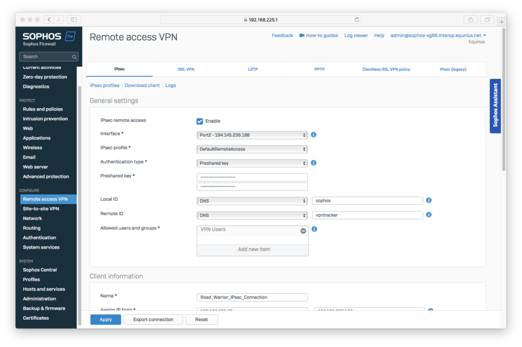 A screenshot of the Sophos XGS Firewall web interface, displaying the "Remote access VPN" configuration page. The "IPsec" tab is selected, showing general settings for an IPsec remote access VPN, including interface, IPsec profile, authentication type (Preshared key), and allowed users and groups set to "VPN Users" for the Sophos XGS Firewall.