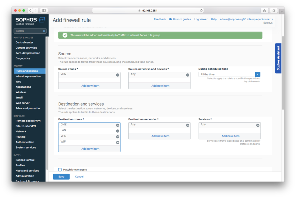 A screenshot of the Sophos XGS Firewall web interface, showing the "Add firewall rule" page. The "Source" section has "VPN" selected under "Source zones." The "Destination and services" section shows "DMZ," "LAN," "VPN," and "WiFi" as options for "Destination zones," illustrating the configuration of a VPN rule within the Sophos XGS Firewall.