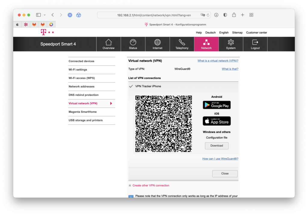Speedport Smart 4 VPN einrichten – QR-Code für WireGuard Konfiguration