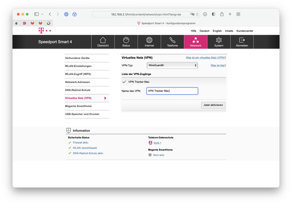 Speedport Smart 4 VPN einrichten mit WireGuard – VPN-Zugang im Router aktivieren