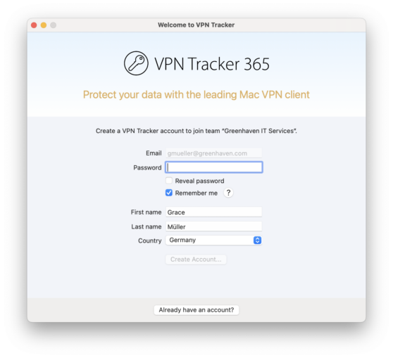 Endusers can create a user account to get access to the company VPN in VPN Tracker