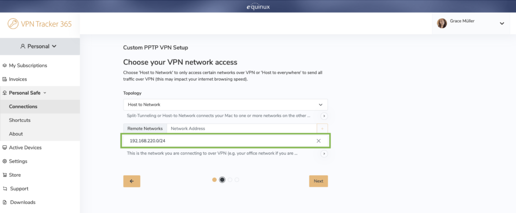 PPTP VPN Mac split tunneling setup in VPN Tracker with custom remote network