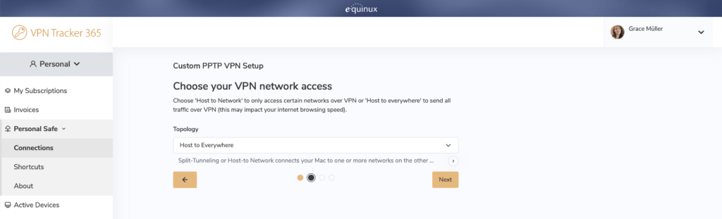 PPTP VPN Mac network access settings in VPN Tracker 365 with topology options