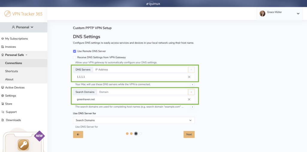 Custom DNS and search domain settings for PPTP VPN Mac in VPN Tracker 365