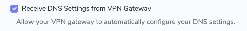 VPN DNS settings in VPN Tracker showing Receive DNS Settings from VPN Gateway and allow your VPN gateway to automatically configure your DNS settings