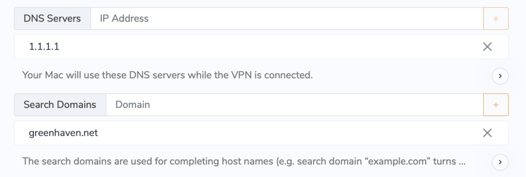 VPN DNS settings in VPN Tracker showing custom DNS server and search domain entry