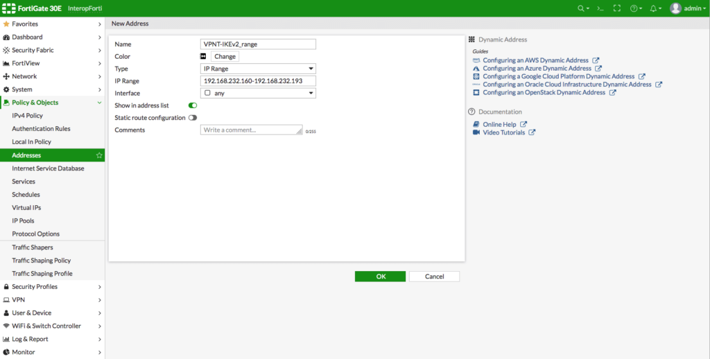 FortiGate VPN setup: IP address range configuration for IKEv2 tunnel