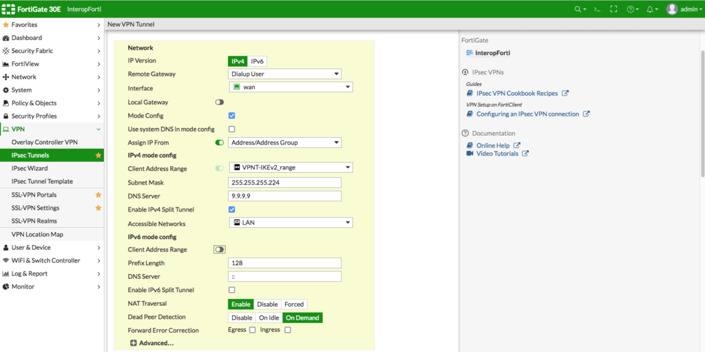 FortiGate VPN setup: detailed IPsec tunnel configuration with split tunneling