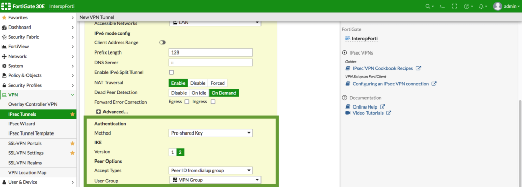 FortiGate VPN setup: authentication and peer settings for IPsec tunnel