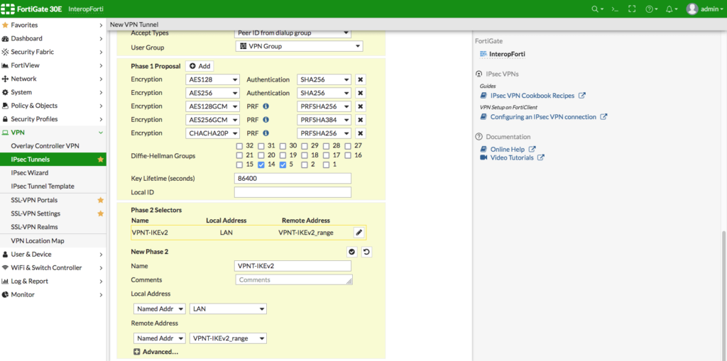 FortiGate VPN setup: configuring Phase 1 and Phase 2 settings for IPsec tunnel