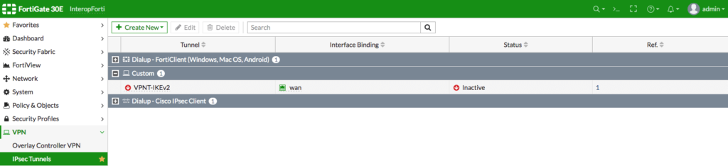 FortiGate VPN setup: overview of configured IPsec tunnels with VPNT-IKEv2 status